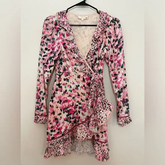 Rococo Sand Mimi Wrap Pink Dress Long Ruffle Puff Sleeve Size Medium - Picture 3 of 13